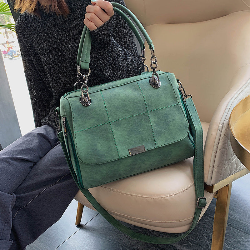 Matte Damen-Schultertasche im Scrub-Look, große Kapazität, Matcha-Grün aus PU-Leder – Boston-Bag für Reisen