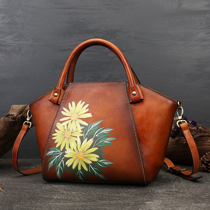 Retro-Handbemalter Shopper aus erstklassigem Rindsleder